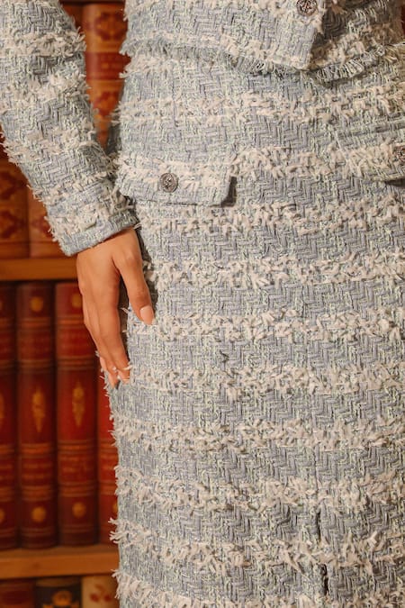 Label Deepika Nagpal Blue Tweed, Taffeta Fringe Geometric Blazer And Skirt Set at Aza Fashions Label Deepika Nagpal_Blue Tweed, Taffeta Fringe Geometric Blazer And Skirt Set _at_Aza_Fashions