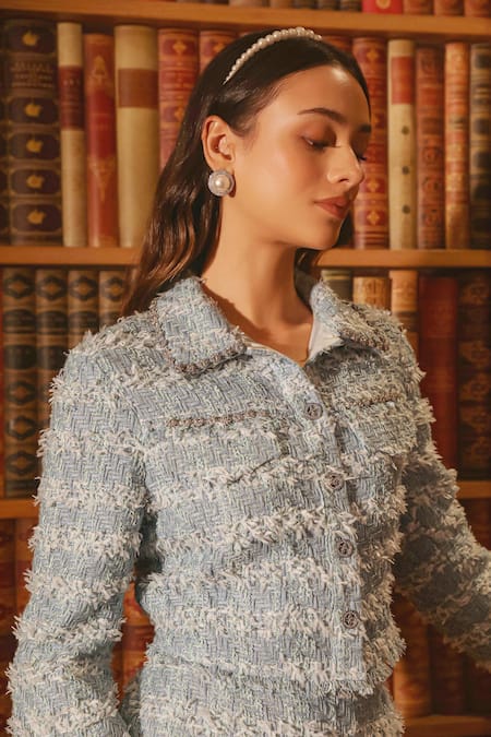 Buy Label Deepika Nagpal Blue Tweed, Taffeta Fringe Geometric Blazer And Skirt Set Buy_Label Deepika Nagpal_Blue Tweed, Taffeta Fringe Geometric Blazer And Skirt Set