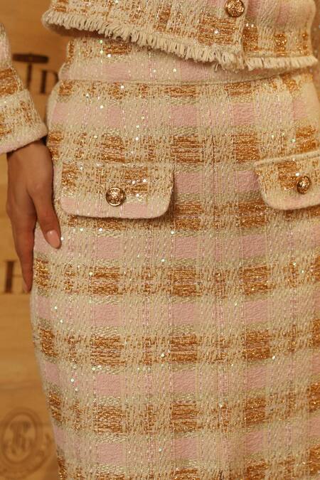 Buy Label Deepika Nagpal Pink Tweed Sequins Geometric Pattern Blazer And Skirt Set Buy_Label Deepika Nagpal_Pink Tweed Sequins Geometric Pattern Blazer And Skirt Set