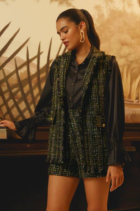 Buy Label Deepika Nagpal Black Organza, Tweed, Taffeta Collared Gilet And Shorts Set Online at Aza Fashions Buy_Label Deepika Nagpal_Black Organza, Tweed, Taffeta Collared Gilet And Shorts Set _Online_at_Aza_Fashions