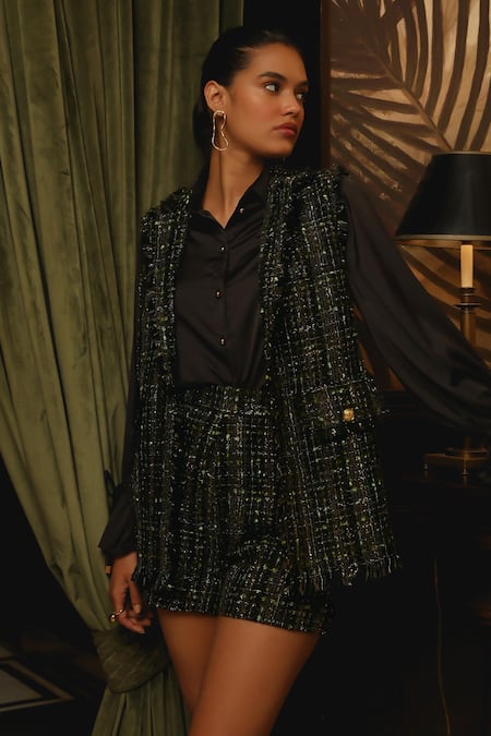 Shop Label Deepika Nagpal Black Organza, Tweed, Taffeta Collared Gilet And Shorts Set Online at Aza Fashions Shop_Label Deepika Nagpal_Black Organza, Tweed, Taffeta Collared Gilet And Shorts Set _Online_at_Aza_Fashions