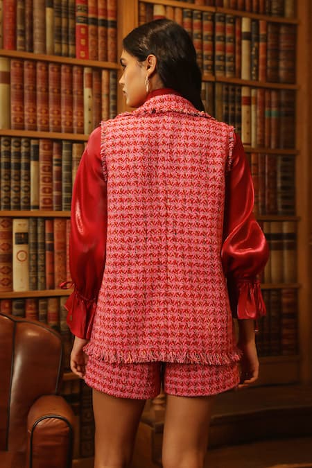 Shop Label Deepika Nagpal Pink Tweed, Taffeta, Organza Collared Gilet And Shorts Set at Aza Fashions Shop_Label Deepika Nagpal_Pink Tweed, Taffeta, Organza Collared Gilet And Shorts Set _at_Aza_Fashions