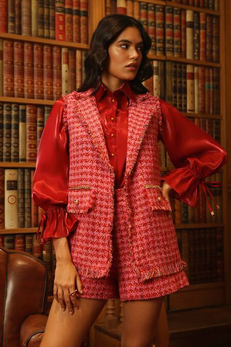Label Deepika Nagpal Pink Tweed, Taffeta, Organza Collared Gilet And Shorts Set at Aza Fashions Label Deepika Nagpal_Pink Tweed, Taffeta, Organza Collared Gilet And Shorts Set _at_Aza_Fashions