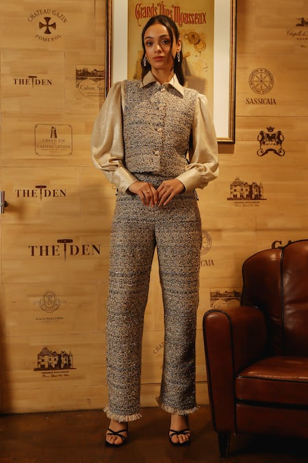 Buy Label Deepika Nagpal Beige Tweed, Satin Round Neck, Collared Geometric Pattern Vest And Pant Set Online at Aza Fashions Buy_Label Deepika Nagpal_Beige Tweed, Satin Round Neck, Collared Geometric Pattern Vest And Pant Set _Online_at_Aza_Fashions