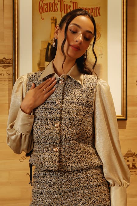 Buy Label Deepika Nagpal Beige Tweed, Satin Round Neck, Collared Geometric Pattern Vest And Pant Set Buy_Label Deepika Nagpal_Beige Tweed, Satin Round Neck, Collared Geometric Pattern Vest And Pant Set