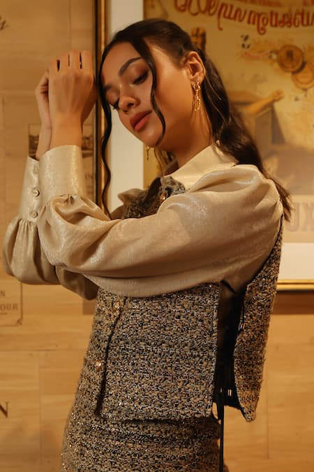 Shop Label Deepika Nagpal Beige Tweed, Satin Round Neck, Collared Geometric Pattern Vest And Pant Set Shop_Label Deepika Nagpal_Beige Tweed, Satin Round Neck, Collared Geometric Pattern Vest And Pant Set