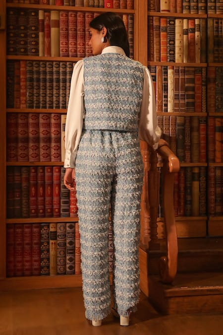 Shop Label Deepika Nagpal White Satin, Tweed Collared, Round Neck Geometric Pattern Vest And Pant Set at Aza Fashions Shop_Label Deepika Nagpal_White Satin, Tweed Collared, Round Neck Geometric Pattern Vest And Pant Set _at_Aza_Fashions