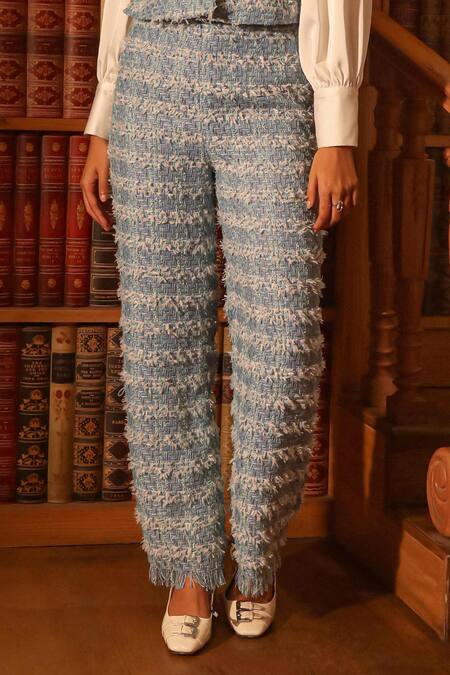 Buy Label Deepika Nagpal White Satin, Tweed Collared, Round Neck Geometric Pattern Vest And Pant Set Online at Aza Fashions Buy_Label Deepika Nagpal_White Satin, Tweed Collared, Round Neck Geometric Pattern Vest And Pant Set _Online_at_Aza_Fashions