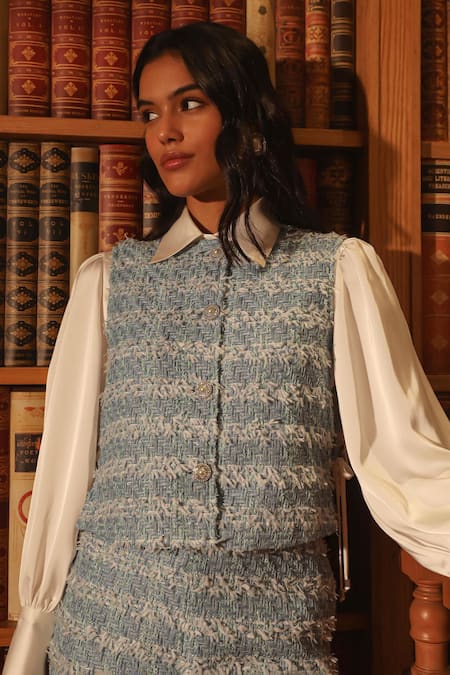 Buy Label Deepika Nagpal White Satin, Tweed Collared, Round Neck Geometric Pattern Vest And Pant Set Buy_Label Deepika Nagpal_White Satin, Tweed Collared, Round Neck Geometric Pattern Vest And Pant Set