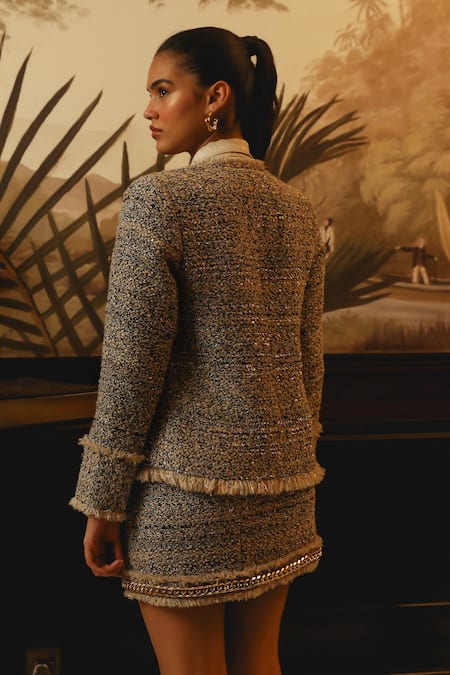 Shop Label Deepika Nagpal Pink Tweed, Satin Fringe Collared Geometric Blazer And Skirt Set at Aza Fashions Shop_Label Deepika Nagpal_Pink Tweed, Satin Fringe Collared Geometric Blazer And Skirt Set _at_Aza_Fashions