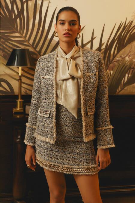 Buy Label Deepika Nagpal Pink Tweed, Satin Fringe Collared Geometric Blazer And Skirt Set Online at Aza Fashions Buy_Label Deepika Nagpal_Pink Tweed, Satin Fringe Collared Geometric Blazer And Skirt Set _Online_at_Aza_Fashions