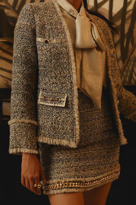 Shop Label Deepika Nagpal Pink Tweed, Satin Fringe Collared Geometric Blazer And Skirt Set Online at Aza Fashions Shop_Label Deepika Nagpal_Pink Tweed, Satin Fringe Collared Geometric Blazer And Skirt Set _Online_at_Aza_Fashions