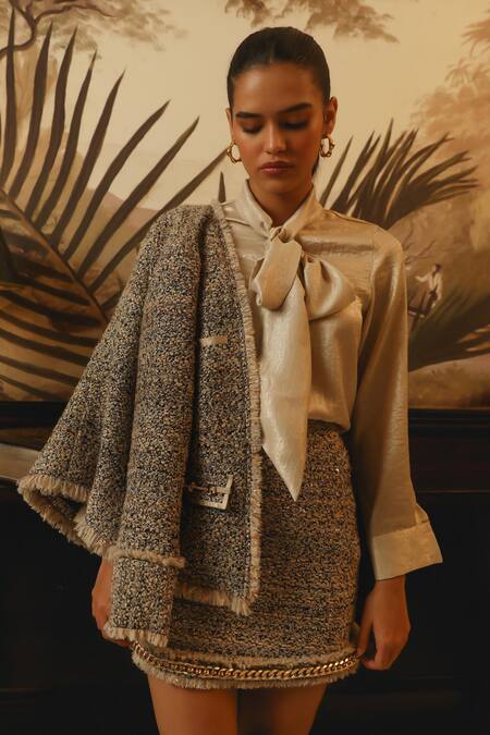 Label Deepika Nagpal Pink Tweed, Satin Fringe Collared Geometric Blazer And Skirt Set at Aza Fashions Label Deepika Nagpal_Pink Tweed, Satin Fringe Collared Geometric Blazer And Skirt Set _at_Aza_Fashions