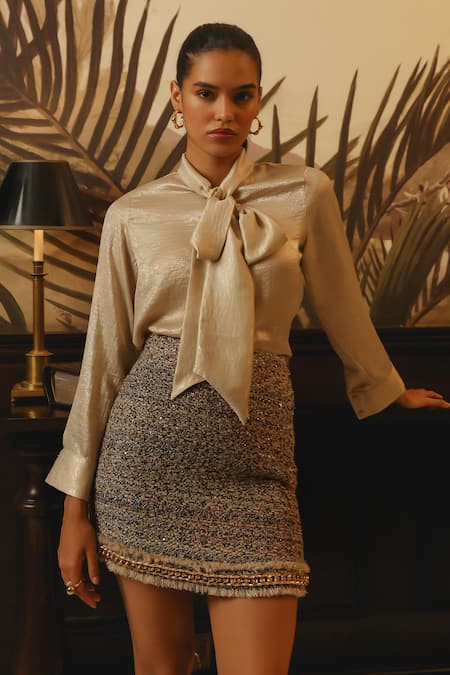 Buy Label Deepika Nagpal Pink Tweed, Satin Fringe Collared Geometric Blazer And Skirt Set Buy_Label Deepika Nagpal_Pink Tweed, Satin Fringe Collared Geometric Blazer And Skirt Set