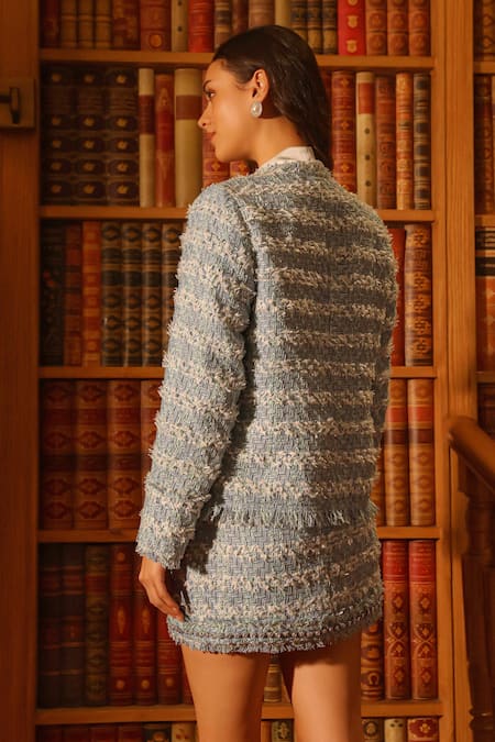 Shop Label Deepika Nagpal Blue Tweed, Satin Fringe Collared Geometric Blazer And Skirt Set at Aza Fashions Shop_Label Deepika Nagpal_Blue Tweed, Satin Fringe Collared Geometric Blazer And Skirt Set _at_Aza_Fashions