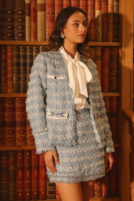 Buy Label Deepika Nagpal Blue Tweed, Satin Fringe Collared Geometric Blazer And Skirt Set Online at Aza Fashions Buy_Label Deepika Nagpal_Blue Tweed, Satin Fringe Collared Geometric Blazer And Skirt Set _Online_at_Aza_Fashions