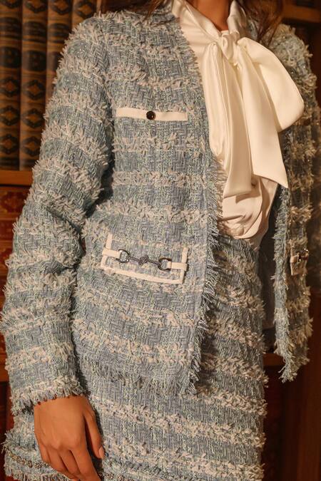 Buy Label Deepika Nagpal Blue Tweed, Satin Fringe Collared Geometric Blazer And Skirt Set Buy_Label Deepika Nagpal_Blue Tweed, Satin Fringe Collared Geometric Blazer And Skirt Set