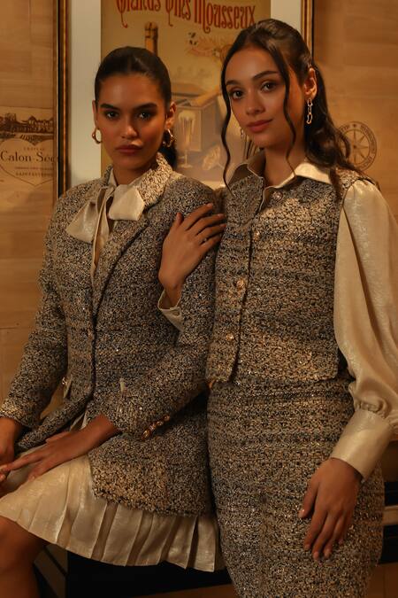 Label Deepika Nagpal_Beige Tweed, Satin Pleated Dress With Blazer _Online_at_Aza_Fashions