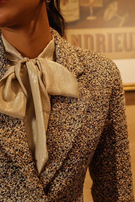 Buy_Label Deepika Nagpal_Beige Tweed, Satin Pleated Dress With Blazer _Online_at_Aza_Fashions