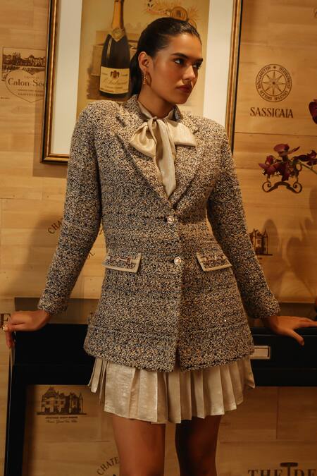 Shop_Label Deepika Nagpal_Beige Tweed, Satin Pleated Dress With Blazer _Online_at_Aza_Fashions