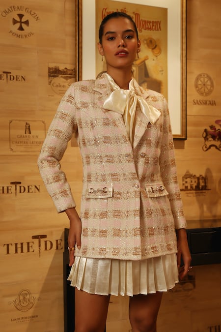 Label Deepika Nagpal Pink Tweed, Satin Turtle Neck Tie-up Dress And Blazer at Aza Fashions Label Deepika Nagpal_Pink Tweed, Satin Turtle Neck Tie-up Dress And Blazer _at_Aza_Fashions