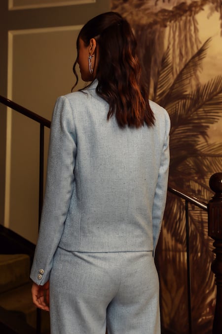 Shop Label Deepika Nagpal Blue Modal, Taffeta, Mohair Wool Blazer And Pant Set at Aza Fashions Shop_Label Deepika Nagpal_Blue Modal, Taffeta, Mohair Wool Blazer And Pant Set_at_Aza_Fashions