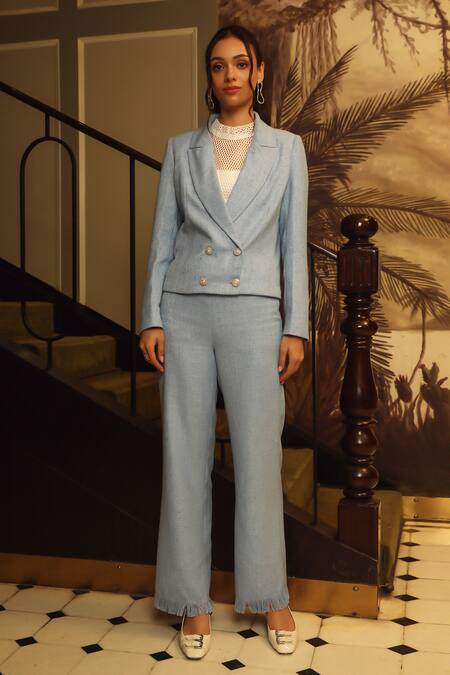 Label Deepika Nagpal Blue Modal, Taffeta, Mohair Wool Blazer And Pant Set Online at Aza Fashions Label Deepika Nagpal_Blue Modal, Taffeta, Mohair Wool Blazer And Pant Set_Online_at_Aza_Fashions