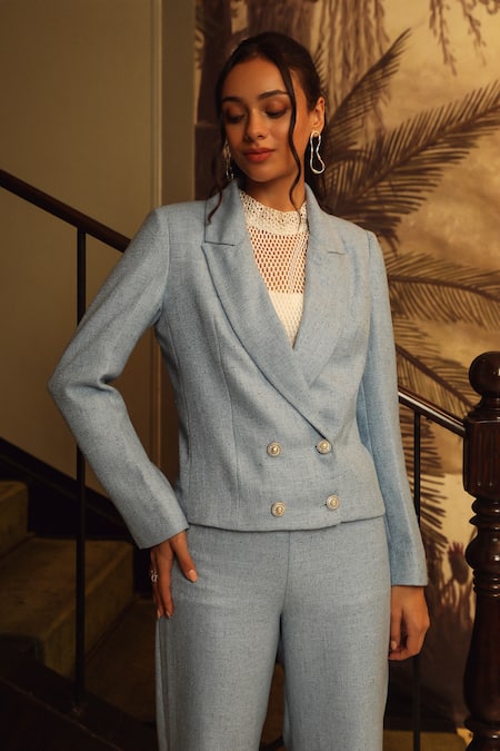 Label Deepika Nagpal Blue Modal, Taffeta, Mohair Wool Blazer And Pant Set at Aza Fashions Label Deepika Nagpal_Blue Modal, Taffeta, Mohair Wool Blazer And Pant Set_at_Aza_Fashions