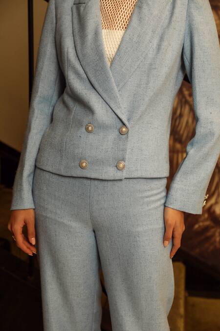 Buy Label Deepika Nagpal Blue Modal, Taffeta, Mohair Wool Blazer And Pant Set Buy_Label Deepika Nagpal_Blue Modal, Taffeta, Mohair Wool Blazer And Pant Set