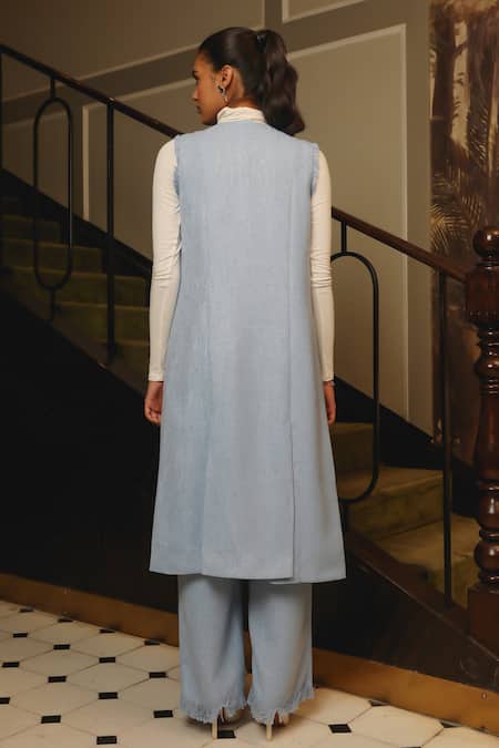 Shop Label Deepika Nagpal Blue Wool Fringe Open Neck Detail Jacket And Pant Set at Aza Fashions Shop_Label Deepika Nagpal_Blue Wool Fringe Open Neck Detail Jacket And Pant Set_at_Aza_Fashions