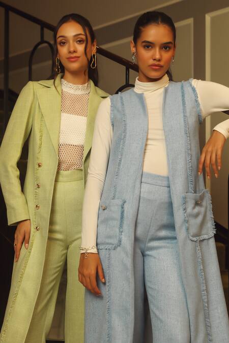 Label Deepika Nagpal Blue Wool Fringe Open Neck Detail Jacket And Pant Set Online at Aza Fashions Label Deepika Nagpal_Blue Wool Fringe Open Neck Detail Jacket And Pant Set_Online_at_Aza_Fashions