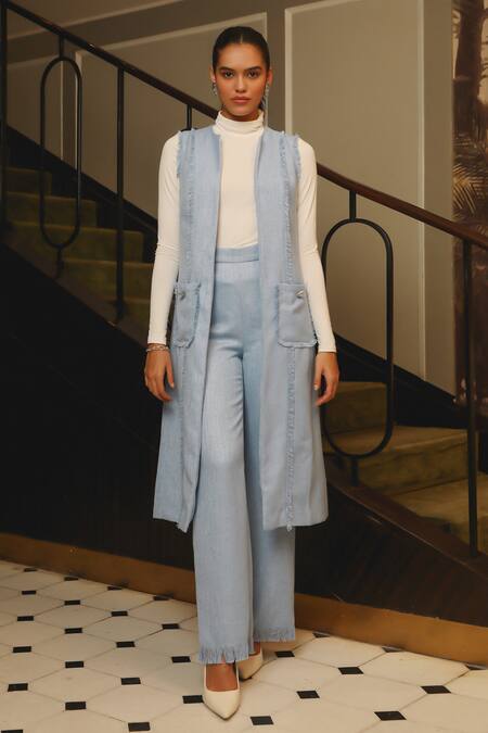 Buy Label Deepika Nagpal Blue Wool Fringe Open Neck Detail Jacket And Pant Set Online at Aza Fashions Buy_Label Deepika Nagpal_Blue Wool Fringe Open Neck Detail Jacket And Pant Set_Online_at_Aza_Fashions