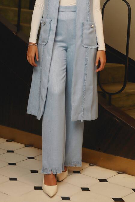Shop Label Deepika Nagpal Blue Wool Fringe Open Neck Detail Jacket And Pant Set Online at Aza Fashions Shop_Label Deepika Nagpal_Blue Wool Fringe Open Neck Detail Jacket And Pant Set_Online_at_Aza_Fashions