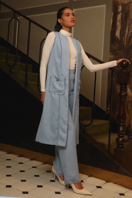 Label Deepika Nagpal Blue Wool Fringe Open Neck Detail Jacket And Pant Set at Aza Fashions Label Deepika Nagpal_Blue Wool Fringe Open Neck Detail Jacket And Pant Set_at_Aza_Fashions