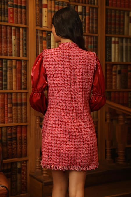 Shop Label Deepika Nagpal Pink Tweed, Taffeta High Neck Fringe Detailed Dress at Aza Fashions Shop_Label Deepika Nagpal_Pink Tweed, Taffeta High Neck Fringe Detailed Dress _at_Aza_Fashions