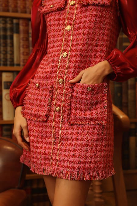 Buy Label Deepika Nagpal Pink Tweed, Taffeta High Neck Fringe Detailed Dress Buy_Label Deepika Nagpal_Pink Tweed, Taffeta High Neck Fringe Detailed Dress