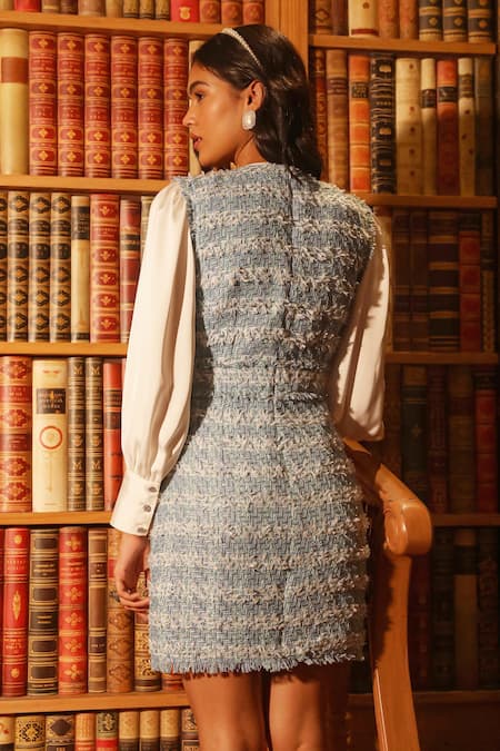 Label Deepika Nagpal Tweed Blue Dress With Cuff Sleeve Shirt 