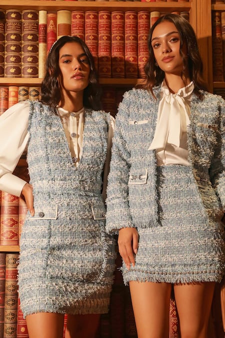 Label Deepika Nagpal Blue Tweed, Taffeta, Silk V-, Round Dress With Cuff Sleeve Shirt Online at Aza Fashions Label Deepika Nagpal_Blue Tweed, Taffeta, Silk V-, Round Dress With Cuff Sleeve Shirt _Online_at_Aza_Fashions