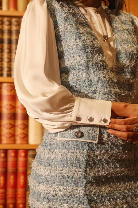 Shop Label Deepika Nagpal Blue Tweed, Taffeta, Silk V-, Round Dress With Cuff Sleeve Shirt Online at Aza Fashions Shop_Label Deepika Nagpal_Blue Tweed, Taffeta, Silk V-, Round Dress With Cuff Sleeve Shirt _Online_at_Aza_Fashions