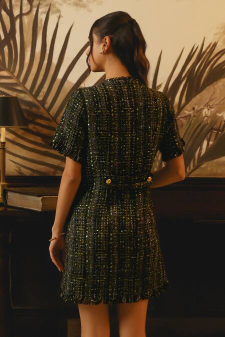 Shop_Label Deepika Nagpal_Black Tweed, Taffeta Metallic Thread Round Neck Fringe Hem Dress_at_Aza_Fashions