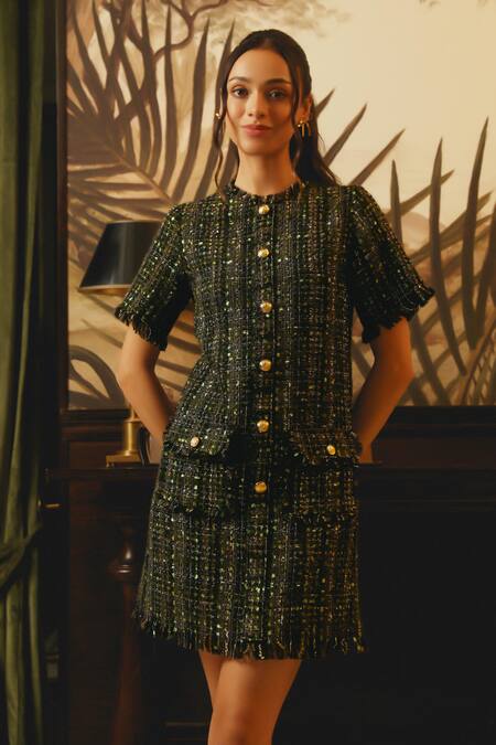 Buy_Label Deepika Nagpal_Black Tweed, Taffeta Metallic Thread Round Neck Fringe Hem Dress_Online_at_Aza_Fashions