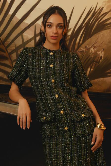 Shop_Label Deepika Nagpal_Black Tweed, Taffeta Metallic Thread Round Neck Fringe Hem Dress_Online_at_Aza_Fashions