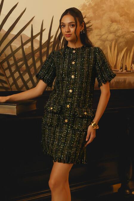 Label Deepika Nagpal_Black Tweed, Taffeta Metallic Thread Round Neck Fringe Hem Dress_at_Aza_Fashions