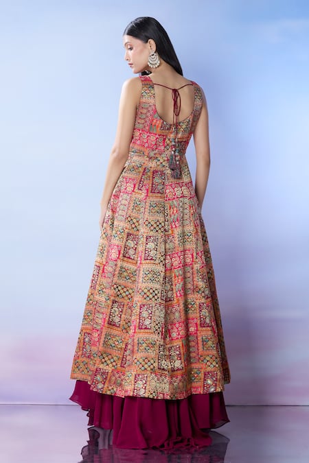 Shop_Samyukta Singhania_Maroon Silk, Georgette Sequins, Cut Work, Beads Embroidered Lehenga Set _at_Aza_Fashions