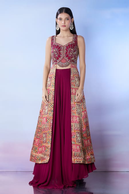 Buy_Samyukta Singhania_Maroon Silk, Georgette Sequins, Cut Work, Beads Embroidered Lehenga Set _Online_at_Aza_Fashions