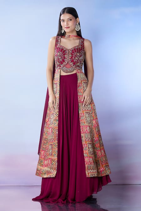 Shop_Samyukta Singhania_Maroon Silk, Georgette Sequins, Cut Work, Beads Embroidered Lehenga Set _Online_at_Aza_Fashions