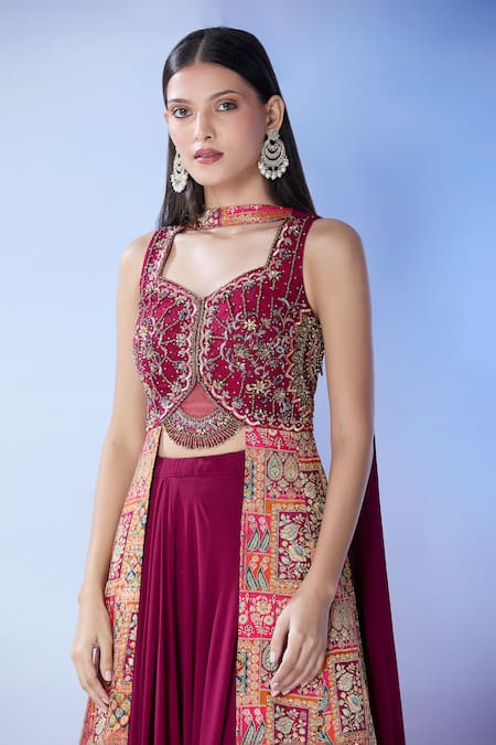 Samyukta Singhania_Maroon Silk, Georgette Sequins, Cut Work, Beads Embroidered Lehenga Set _at_Aza_Fashions