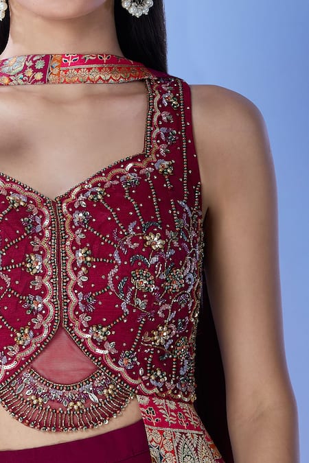 Buy_Samyukta Singhania_Maroon Silk, Georgette Sequins, Cut Work, Beads Embroidered Lehenga Set 