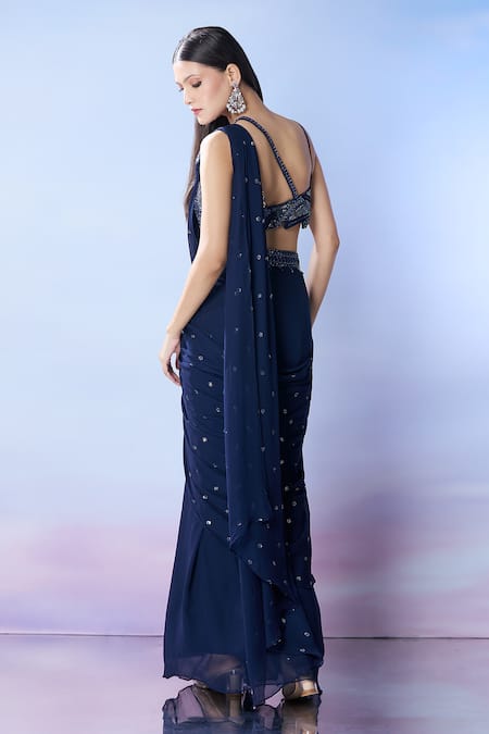 Shop Samyukta Singhania Blue Silk, Georgette Cut Work, Beads, Sequins Embroidered Pre-draped Saree Set at Aza Fashions Shop_Samyukta Singhania_Blue Silk, Georgette Cut Work, Beads, Sequins Embroidered Pre-draped Saree Set _at_Aza_Fashions