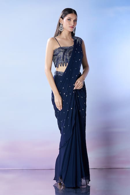 Samyukta Singhania Blue Silk, Georgette Cut Work, Beads, Sequins Embroidered Pre-draped Saree Set Online at Aza Fashions Samyukta Singhania_Blue Silk, Georgette Cut Work, Beads, Sequins Embroidered Pre-draped Saree Set _Online_at_Aza_Fashions